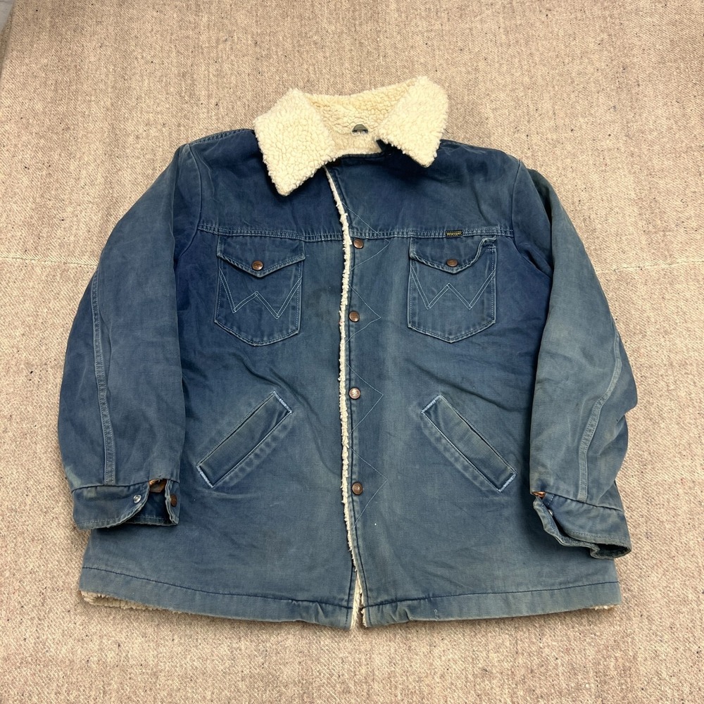 Vintage Wrangler Wrange Coat Mens Large Blue 1970s Sherpa Lined Western